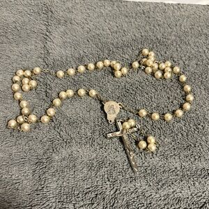 Vtg Catholic 18” Rosary Art Nouveau Faux Pearl Beads White Madonna & Child ITALY